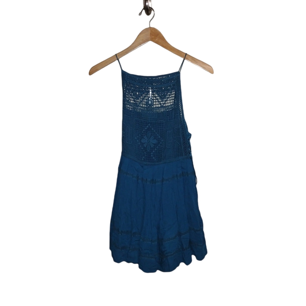 Free People Emily Teal crochet mini dress